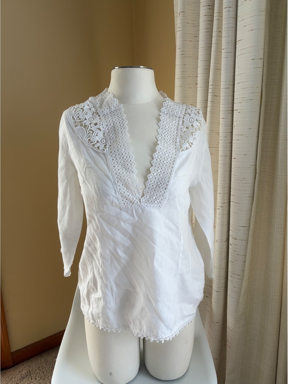 Women Part Two White Crochet Lace V-Neck Tunic Blouse Sz 38 EUR US 8 UK 12 Linen